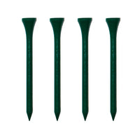 Four dark green golf tees on a white background