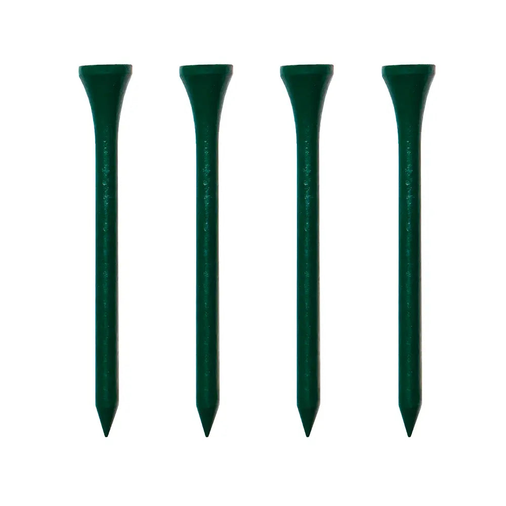 Four dark green golf tees on a white background