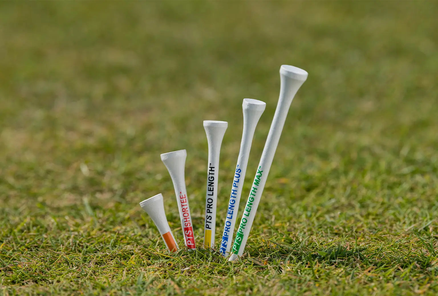Five different PTS tee lengths inserted into green turf. 