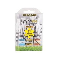 Pack of Champ FlyTee golf tees with packaging details on a white background