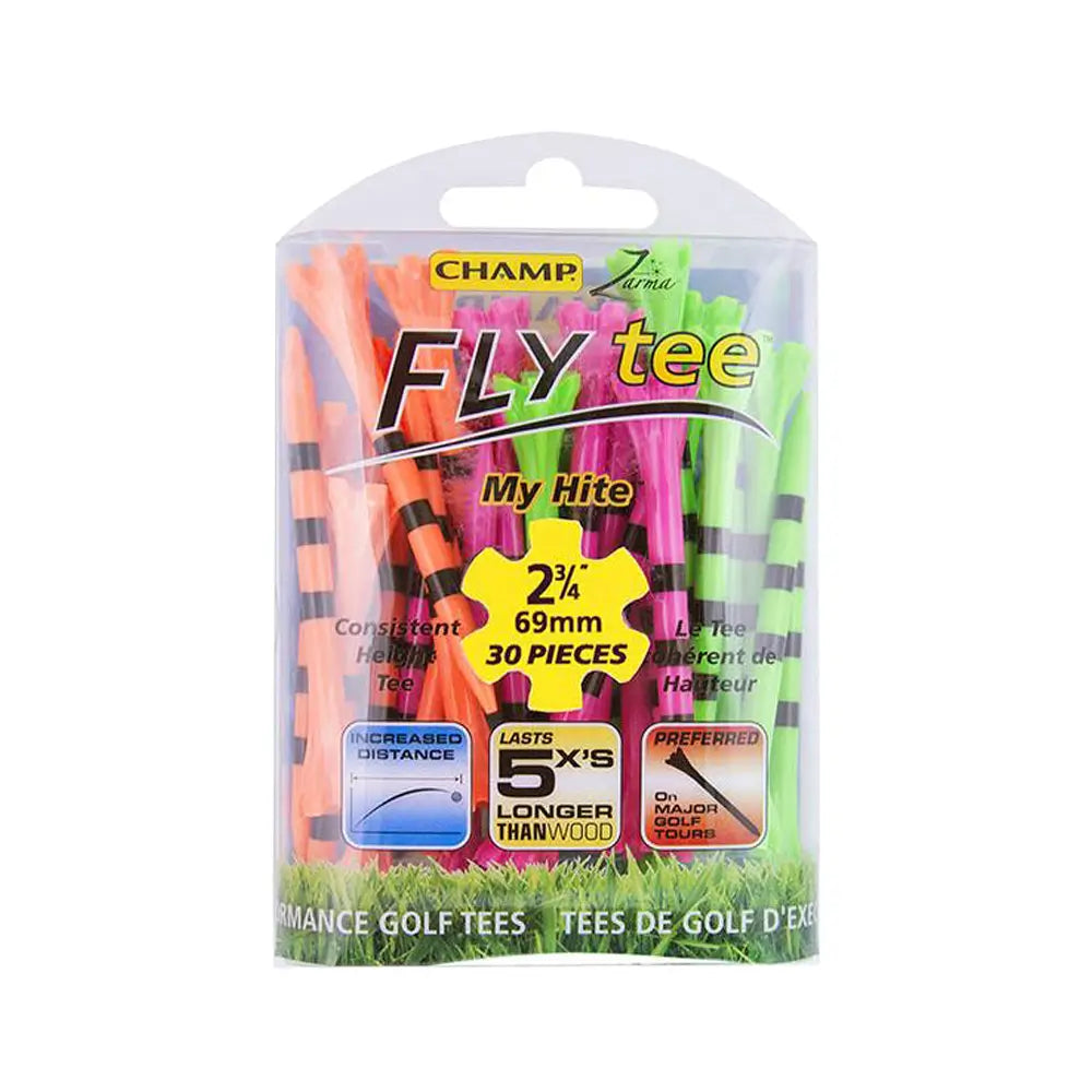 Packaged golf tees with colorful design and branding on a white background