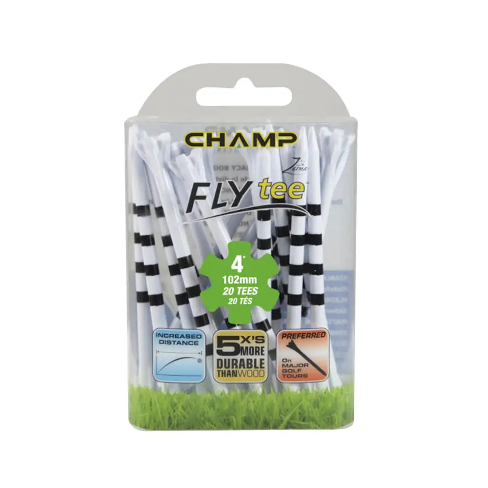 Pack of Champ Fly tees with packaging on a white background