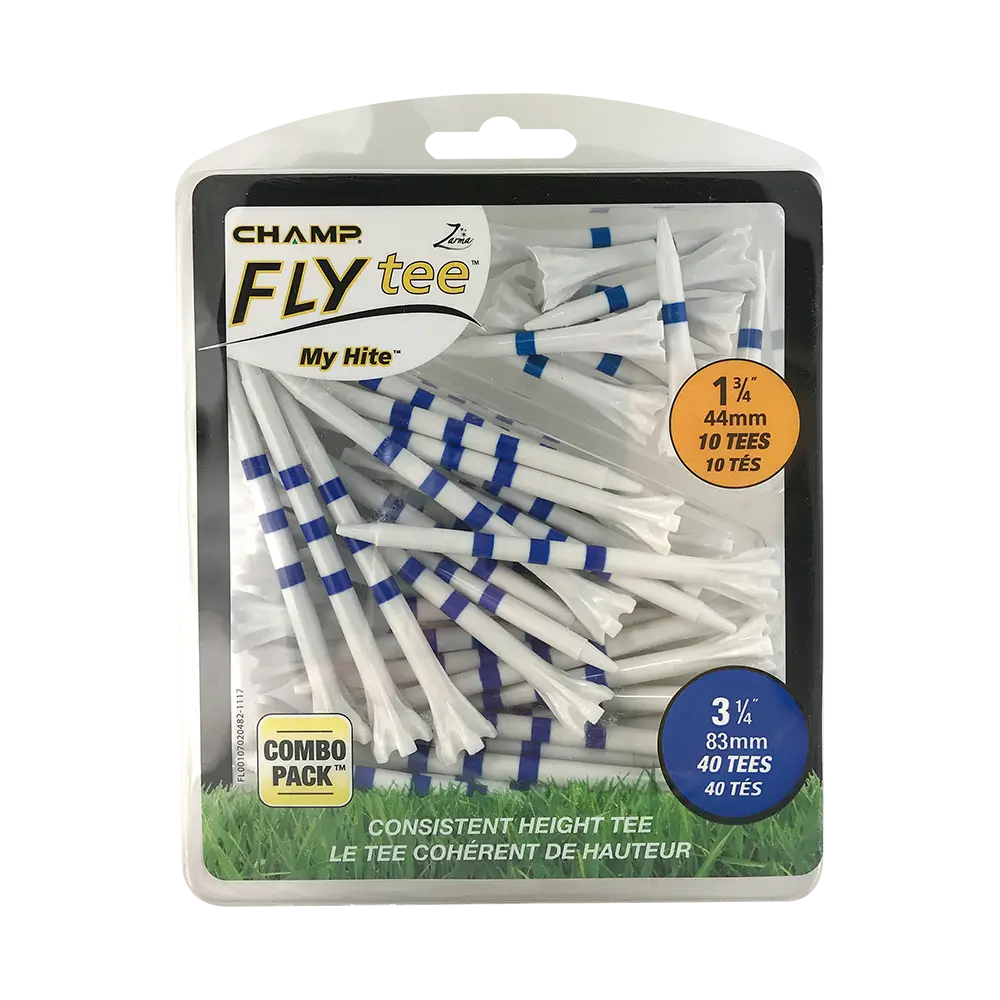 Packaged Champ Fly Tee blue stripe set golf tees.