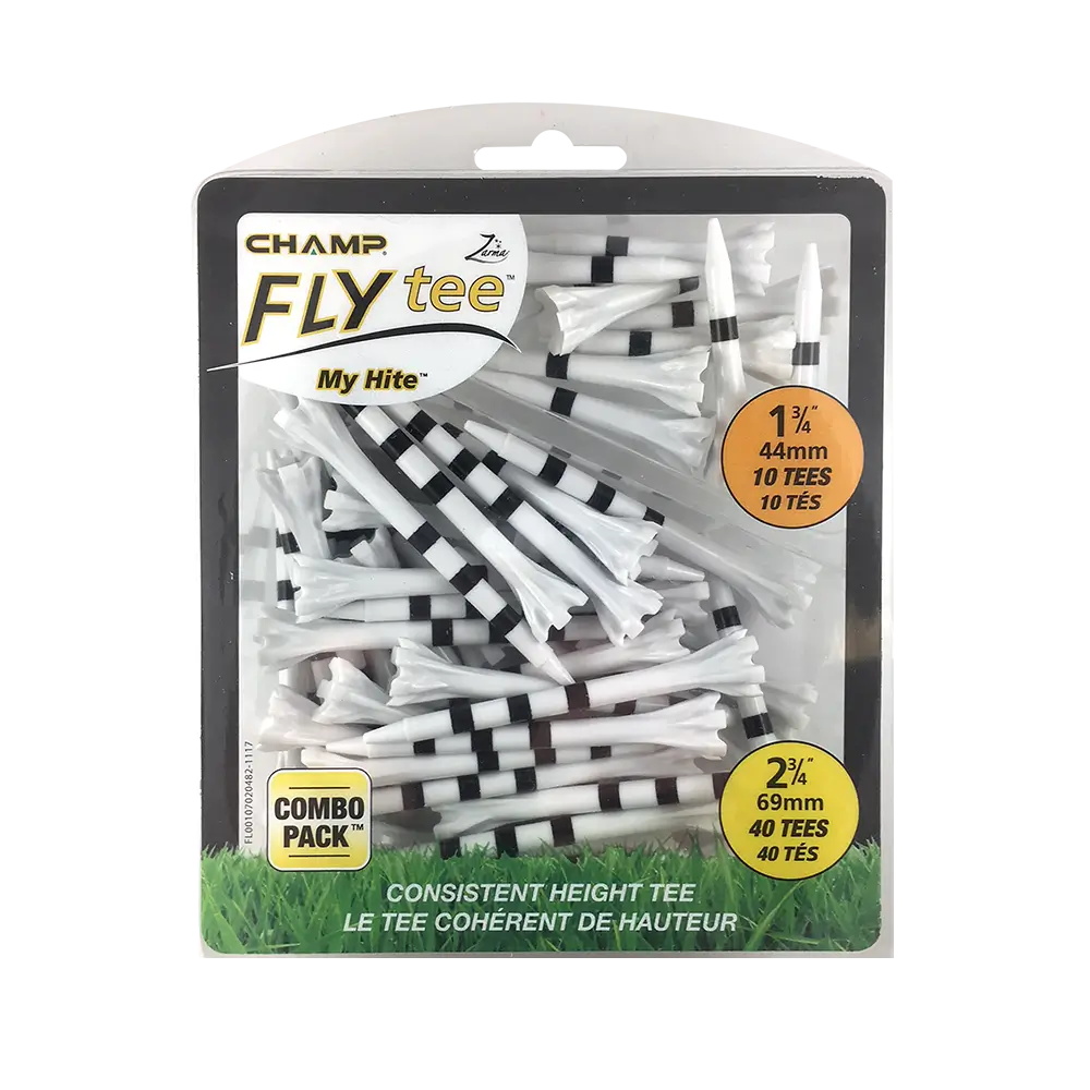 Packaged black stripe champ flytee golf tees.