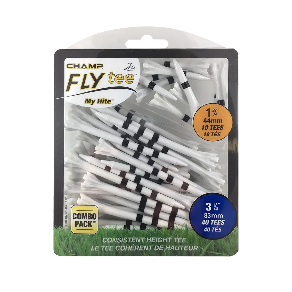 Packaged black stripe champ flytee golf tees.