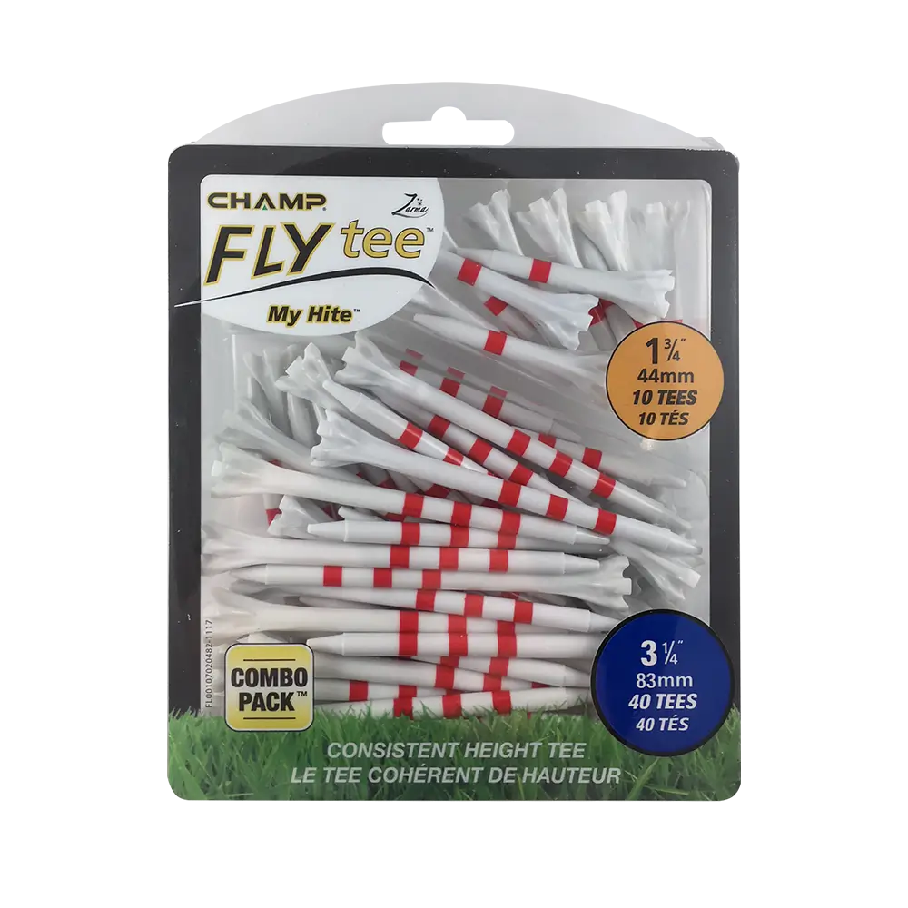 Packaged Champ Flytee red stripe golf tees.