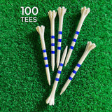 Three 3-1/4" Zarma® FLYtee® MyHite™ Blue and White Stripe Tees in front of turf grass. 