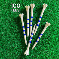 Three 3-1/4" Zarma® FLYtee® MyHite™ Blue and White Stripe Tees in front of turf grass. 