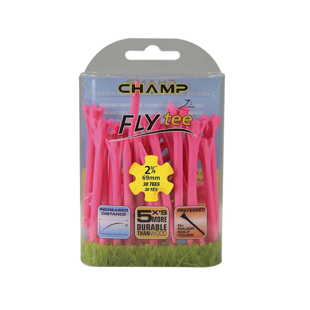 Pack of pink golf tees with Champ branding on a white background