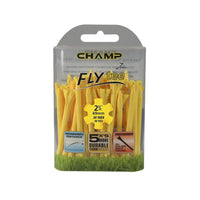 Pack of yellow golf tees with Champ branding on a white background