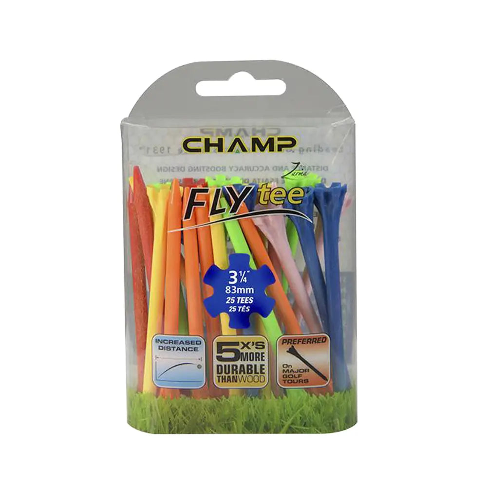 Pack of Champ FlyTee golf tees with colorful tees on a white background
