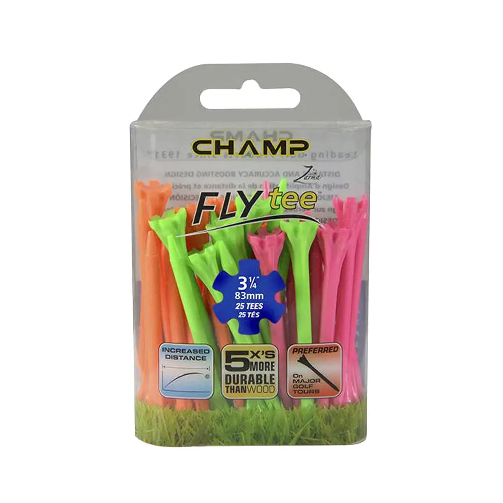 Pack of colorful golf tees with 'Champ' branding on a white background