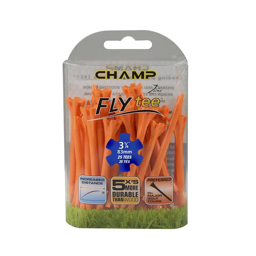 Packaged orange golf tees with Champ branding on a white background