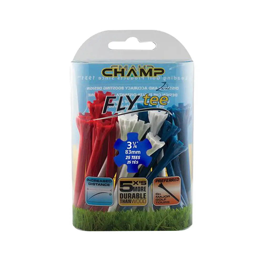 Packaged golf tees with Champ branding on a white background