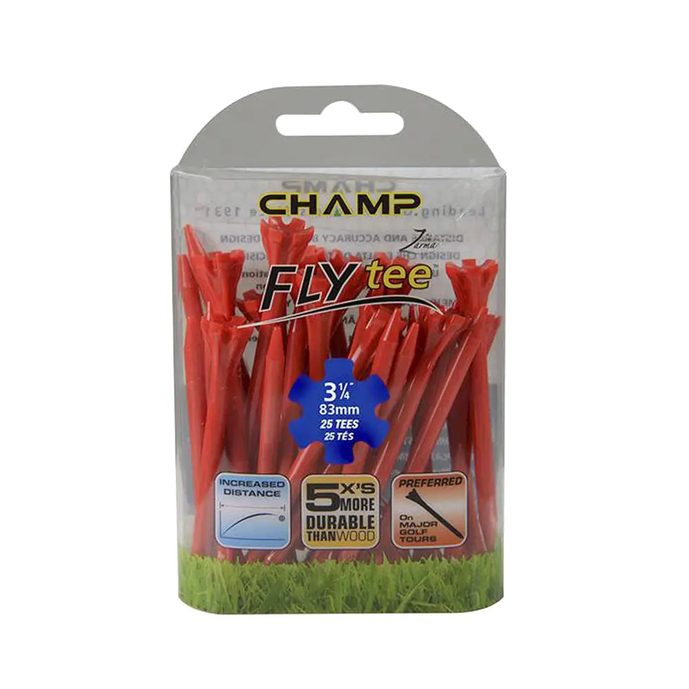 Pack of red golf tees with Champ branding on a white background