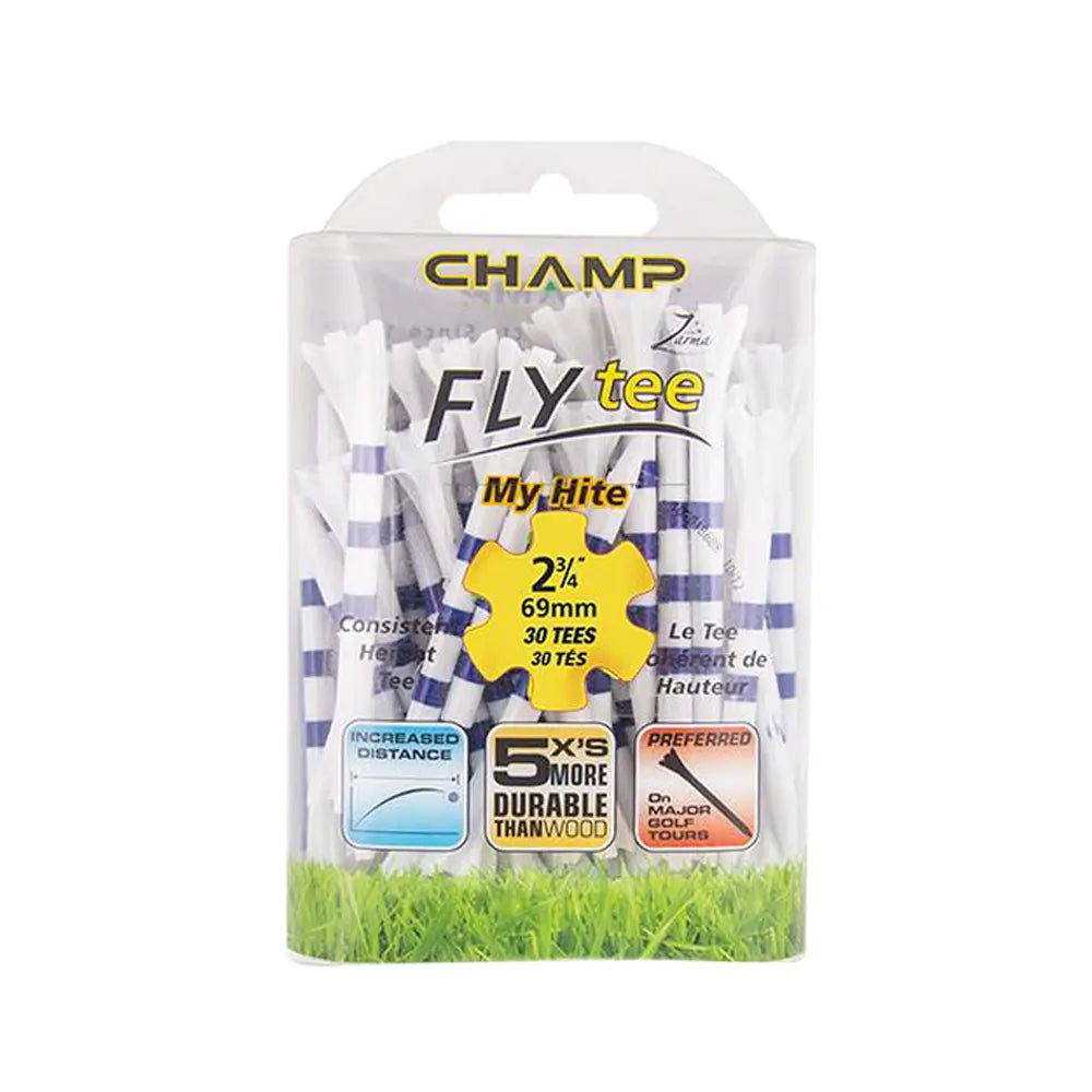 Pack of Champ FlyTee golf tees with packaging on a white background