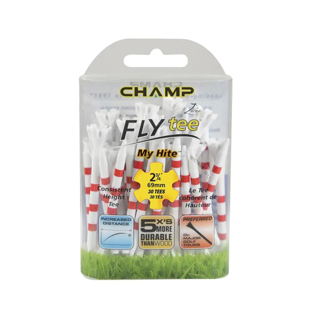 Pack of Champ FlyTee golf tees with packaging on a white background