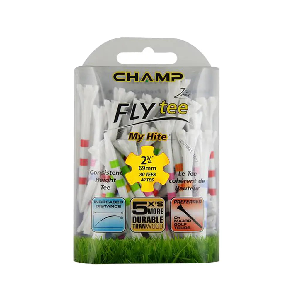 Pack of Champ FlyTee golf tees with branding and product details on a white background