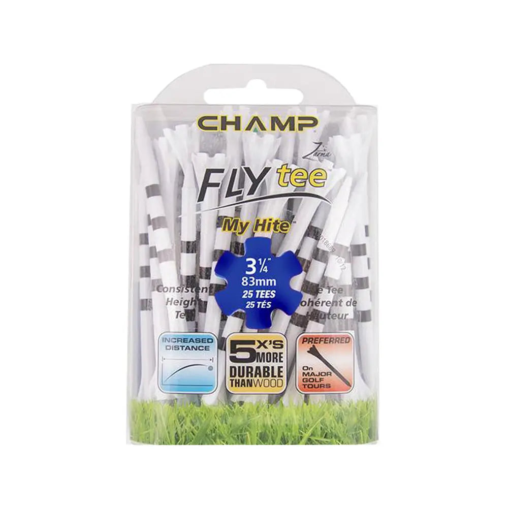 Pack of Champ Fly Tee golf tees with branding and product details on a white background