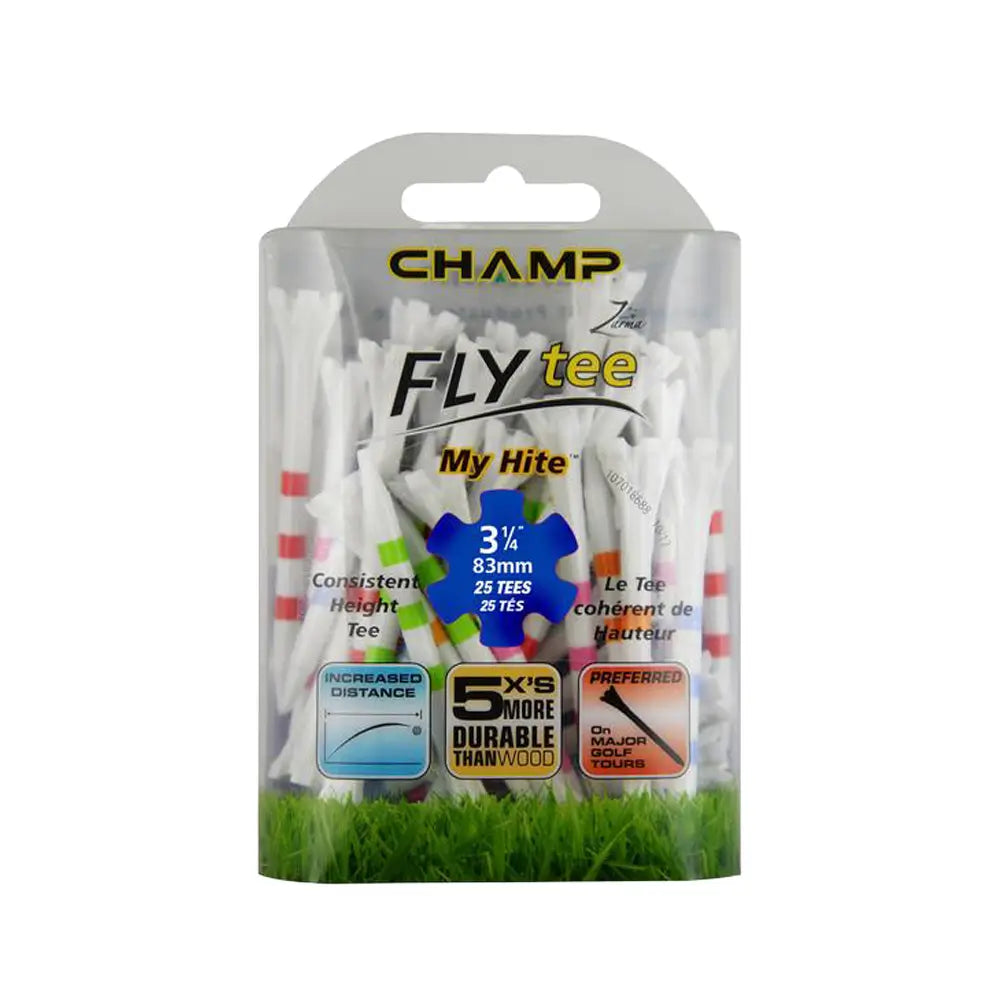 Pack of Champ Fly Tee golf tees with packaging on a white background