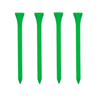 Four green golf tees on a white background