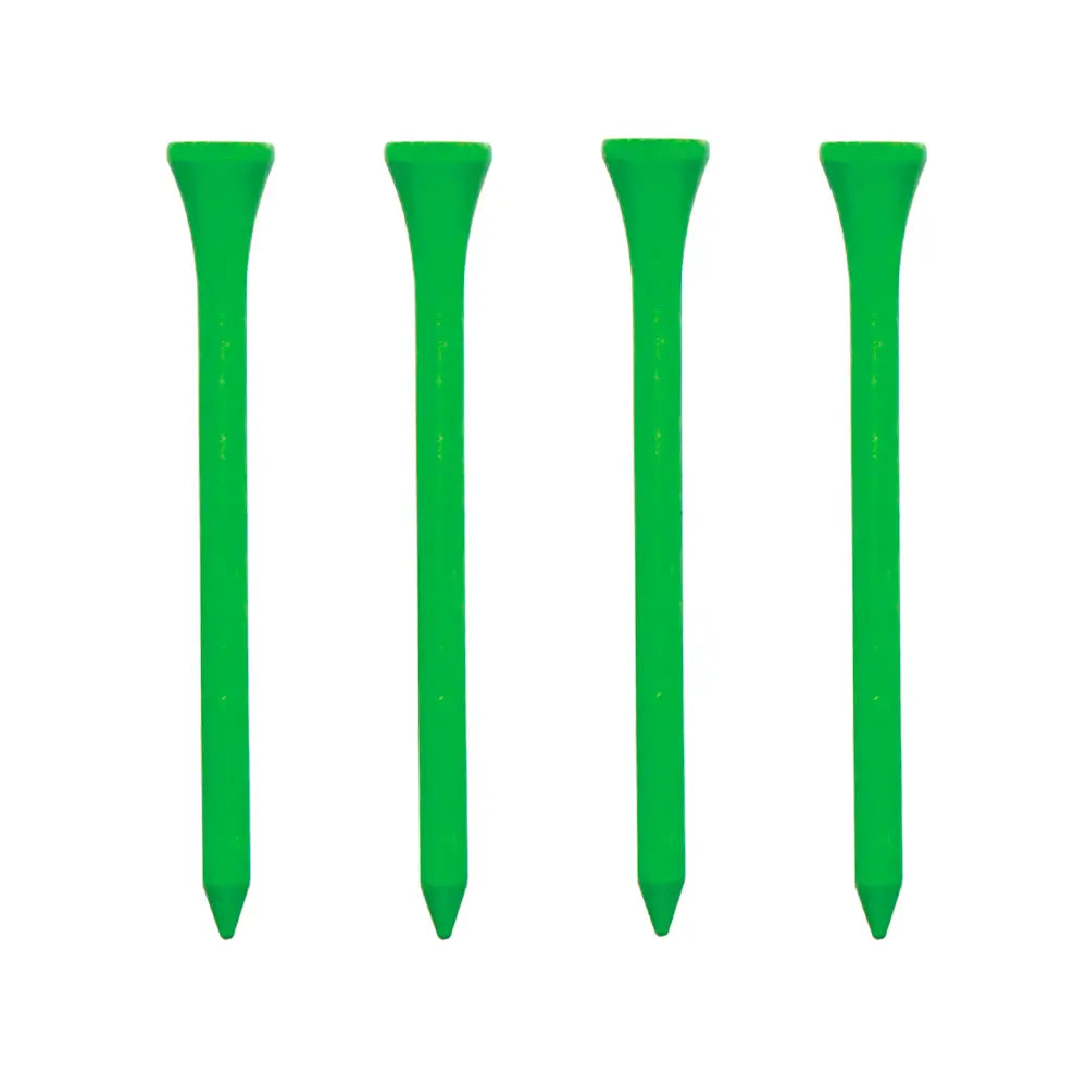 Four green golf tees on a white background