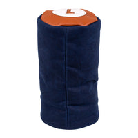 Side view of the Honors Collection navy canvas barrel driver headcover with brown leather top and number 1 patch.