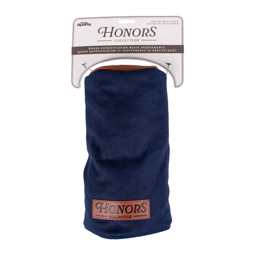 Honors Collection navy canvas barrel driver headcover with brown leather top displayed in its packaging.