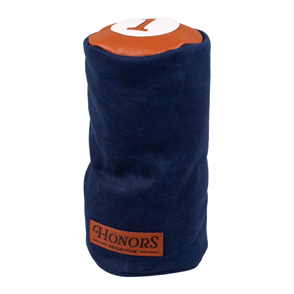 Honors Collection navy canvas barrel driver headcover with brown leather top and Honors Collection patch.