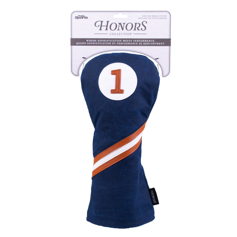 Honors Collection navy canvas driver headcover with a brown and white diagonal stripe displayed in its packaging.