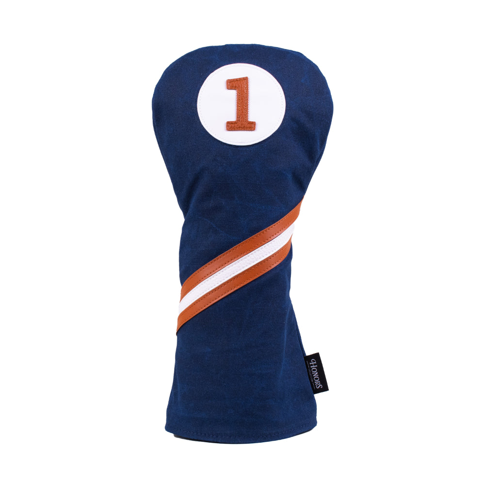 Honors Collection navy canvas driver headcover with a brown and white diagonal stripe and number 1 patch.