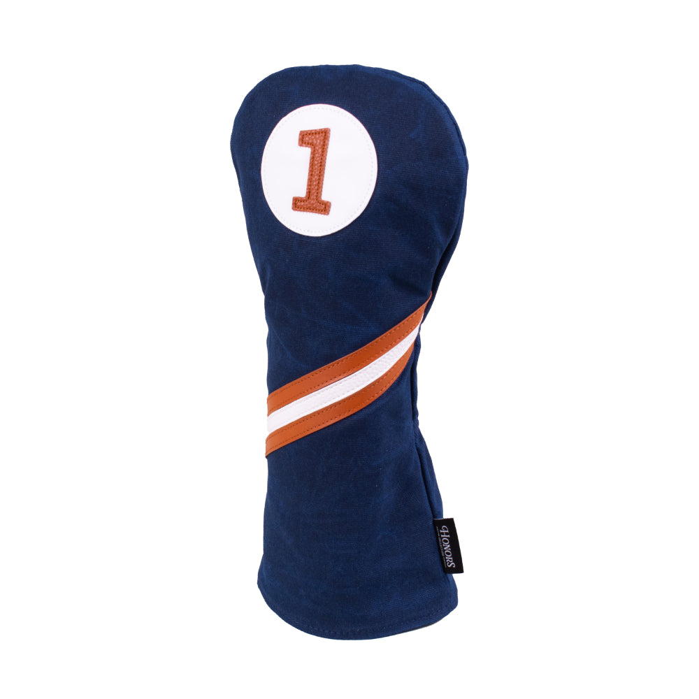 Side view of the Honors Collection navy canvas driver headcover with brown and white diagonal stripe and number 1 patch.