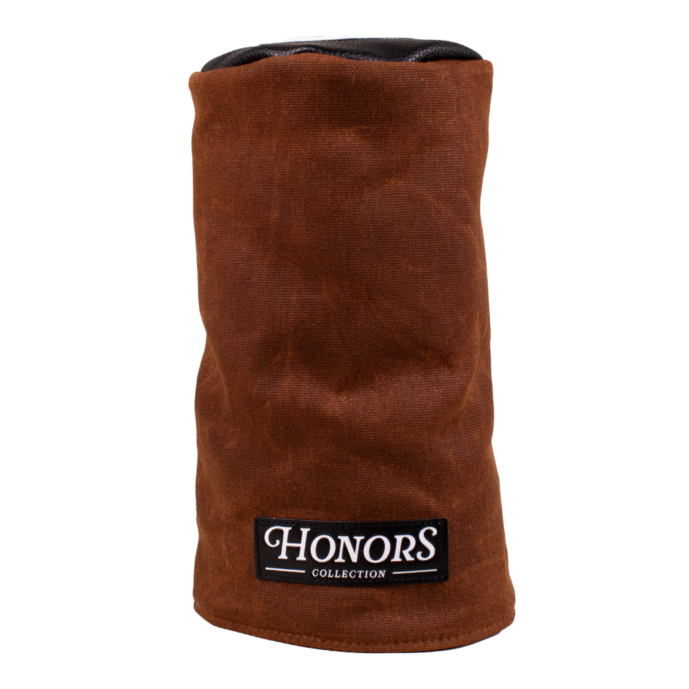 Honors Collection brown canvas barrel driver headcover with black leather top and Honors Collection patch.