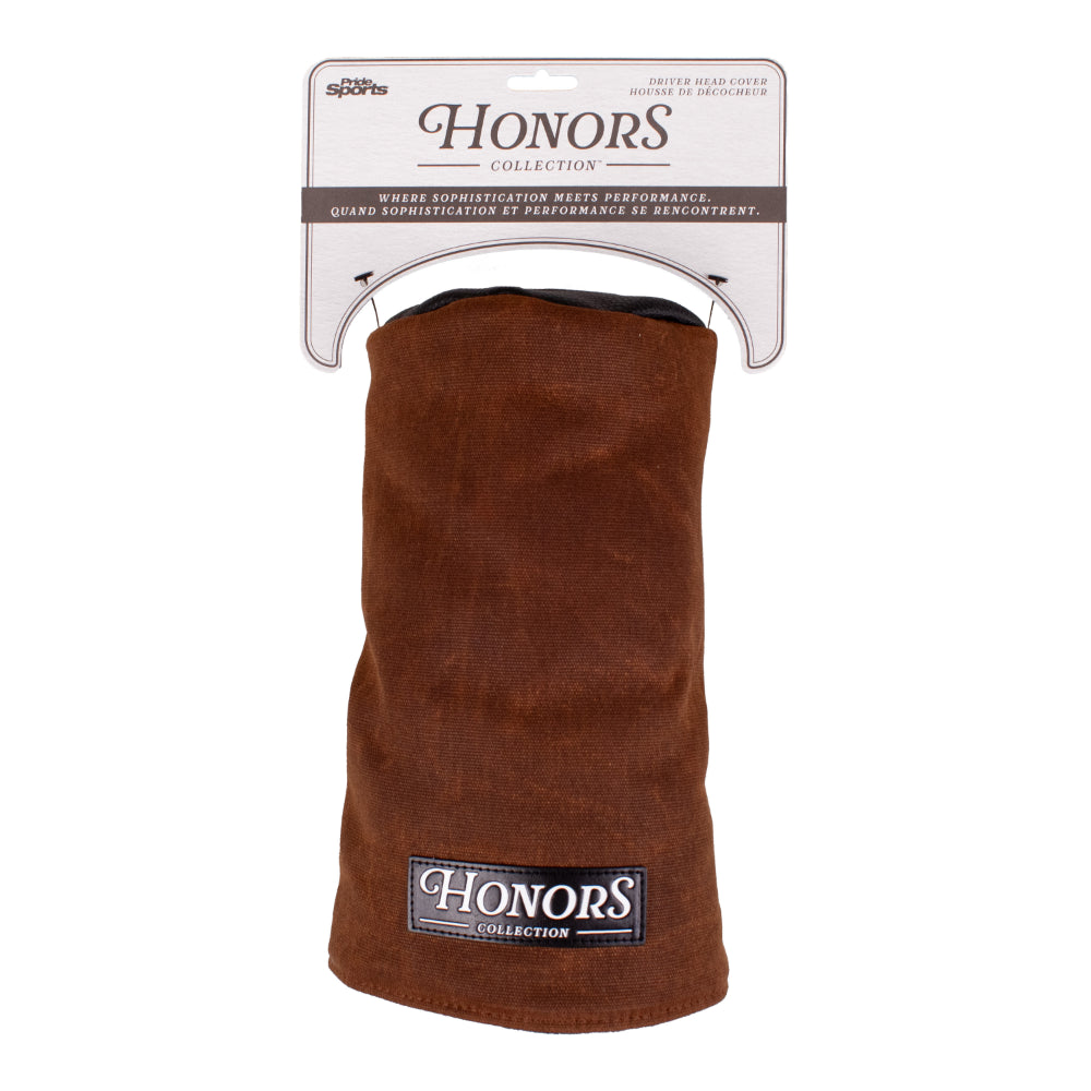Honors Collection brown canvas barrel driver headcover with black leather top displayed in its packaging.