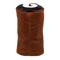 Side view of the Honors Collection brown canvas barrel driver headcover with black leather top and number 1 patch.