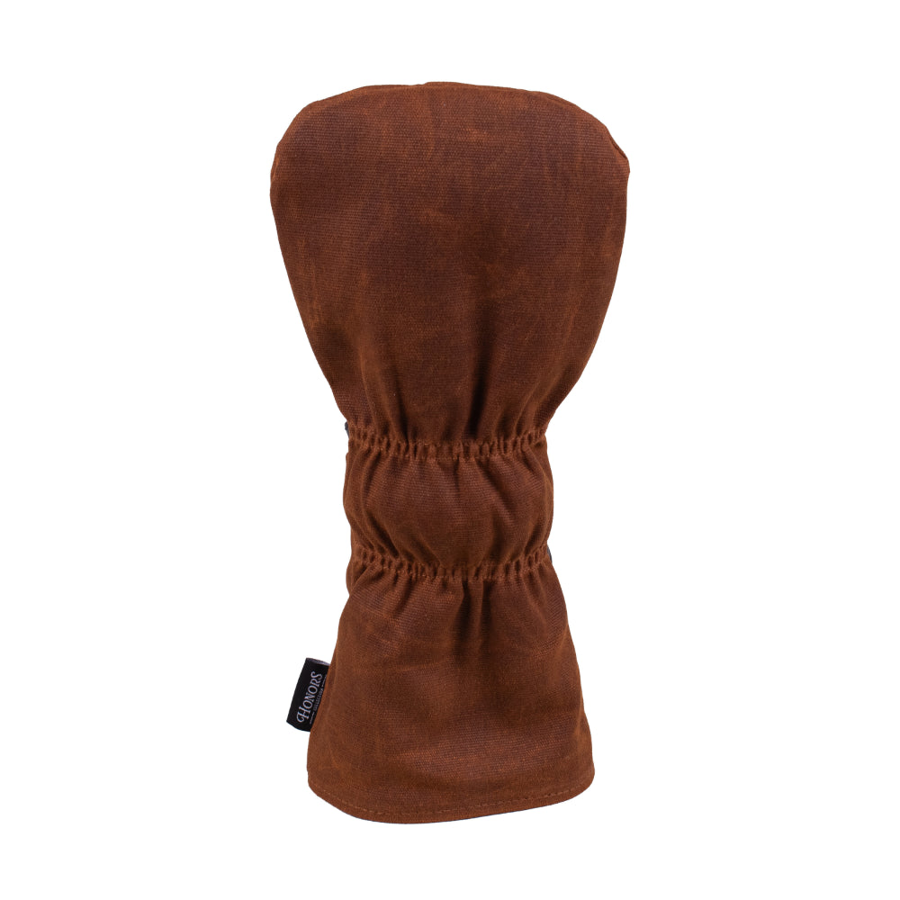 Back view of the Honors Collection brown canvas driver headcover with elasticized neck.