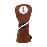 Honors Collection brown canvas driver headcover with a black and white diagonal stripe and number 1 patch.