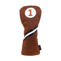 Honors Collection brown canvas driver headcover with a black and white diagonal stripe and number 1 patch.