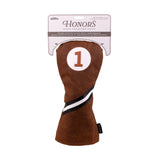 Honors Collection brown canvas driver headcover with a black and white diagonal stripe displayed in its packaging.