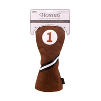 Honors Collection brown canvas driver headcover with a black and white diagonal stripe displayed in its packaging.