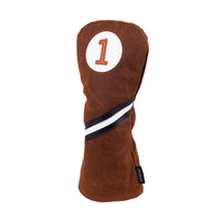 Side view of the Honors Collection brown canvas driver headcover with black and white diagonal stripe and number 1 patch.
