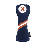 Honors Collection navy canvas fairway headcover with a brown and white diagonal stripe and X patch.