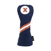 Honors Collection navy canvas fairway headcover with a brown and white diagonal stripe and X patch.