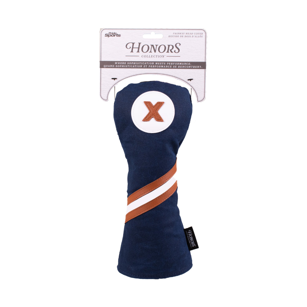 Honors Collection navy canvas fairway headcover with a brown and white diagonal stripe and X patch displayed in its packaging.