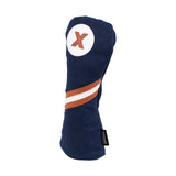 Side view of the Honors Collection navy canvas fairway headcover with brown and white diagonal stripe and X patch.