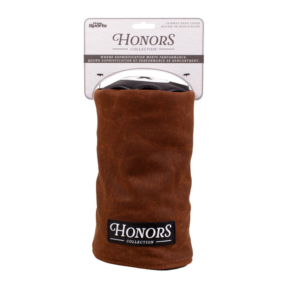 Honors Collection brown canvas barrel fairway headcover with black leather top displayed in its packaging.