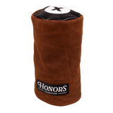 Side view of the Honors Collection brown canvas barrel fairway headcover with black leather top and X patch.