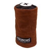 Side view of the Honors Collection brown canvas barrel fairway headcover with black leather top and X patch.