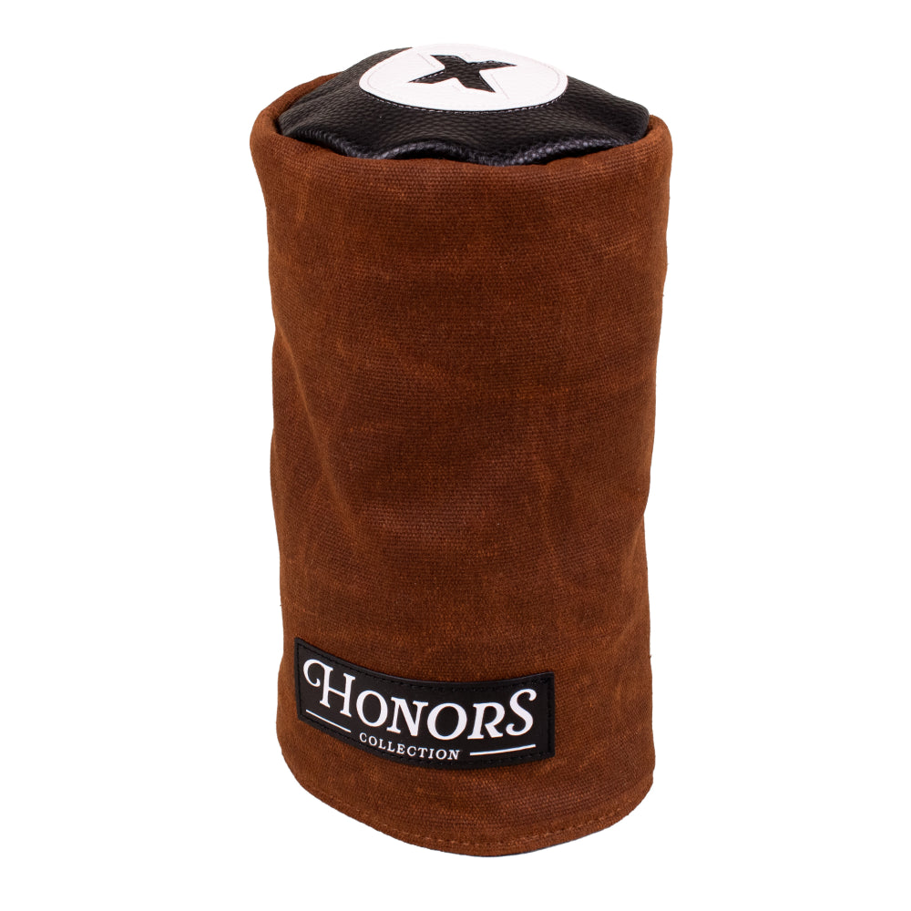 Side view of the Honors Collection brown canvas barrel fairway headcover with black leather top and X patch.