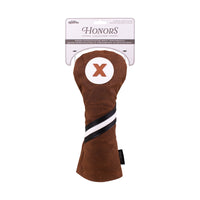 Honors Collection brown canvas fairway headcover with a black and white diagonal stripe and X patch displayed in its packaging.